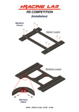 Installation diagram on aluminium profiles for the RS COMPETITION by eRacing Lab, showing the upper and bottom layer assembly with M8x35mm and M8x16mm fasteners, plus a close-up detail of the bottom bracket.